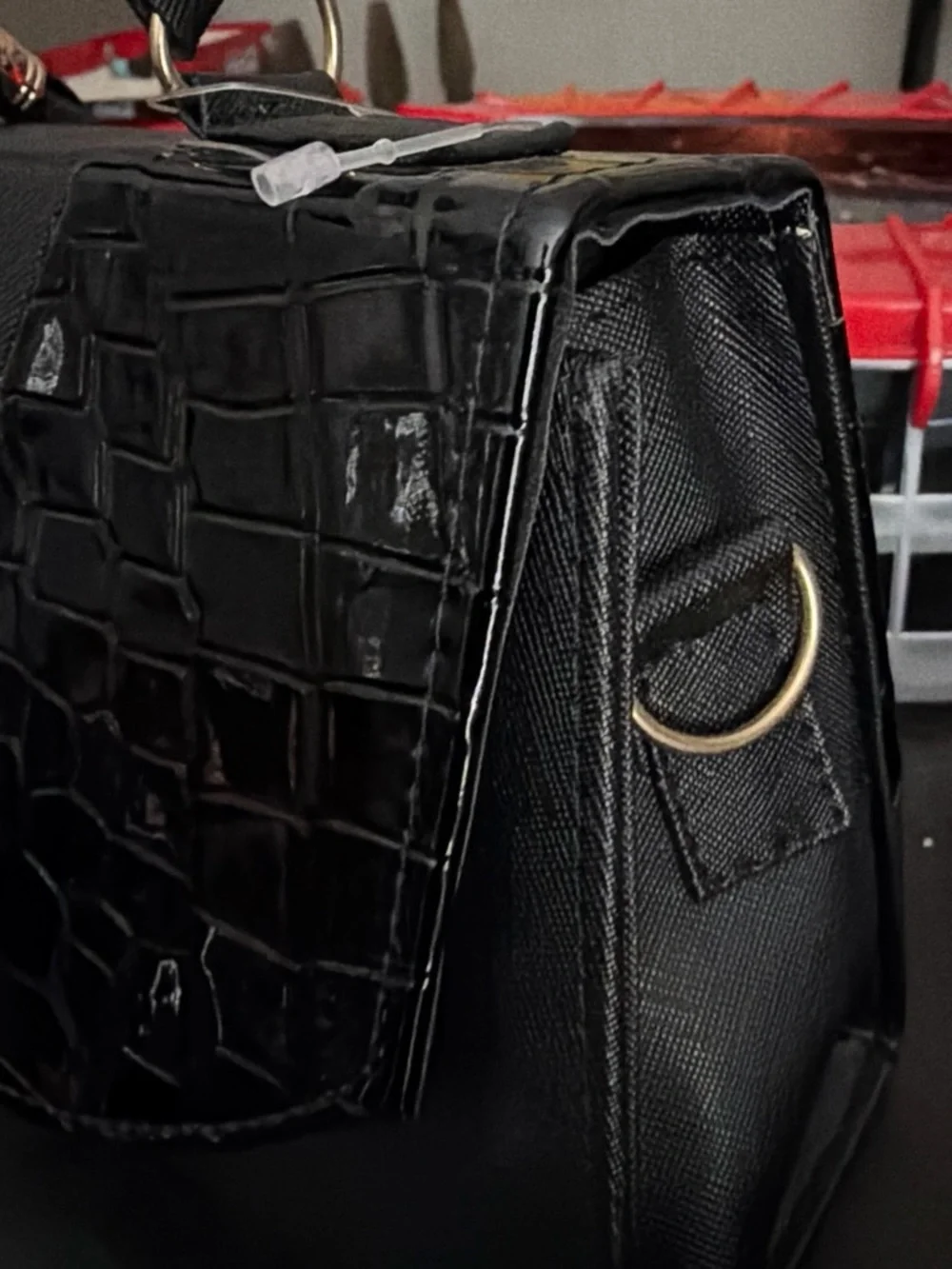 Collection B Black Satchel with Red Trim and Gold Hardware